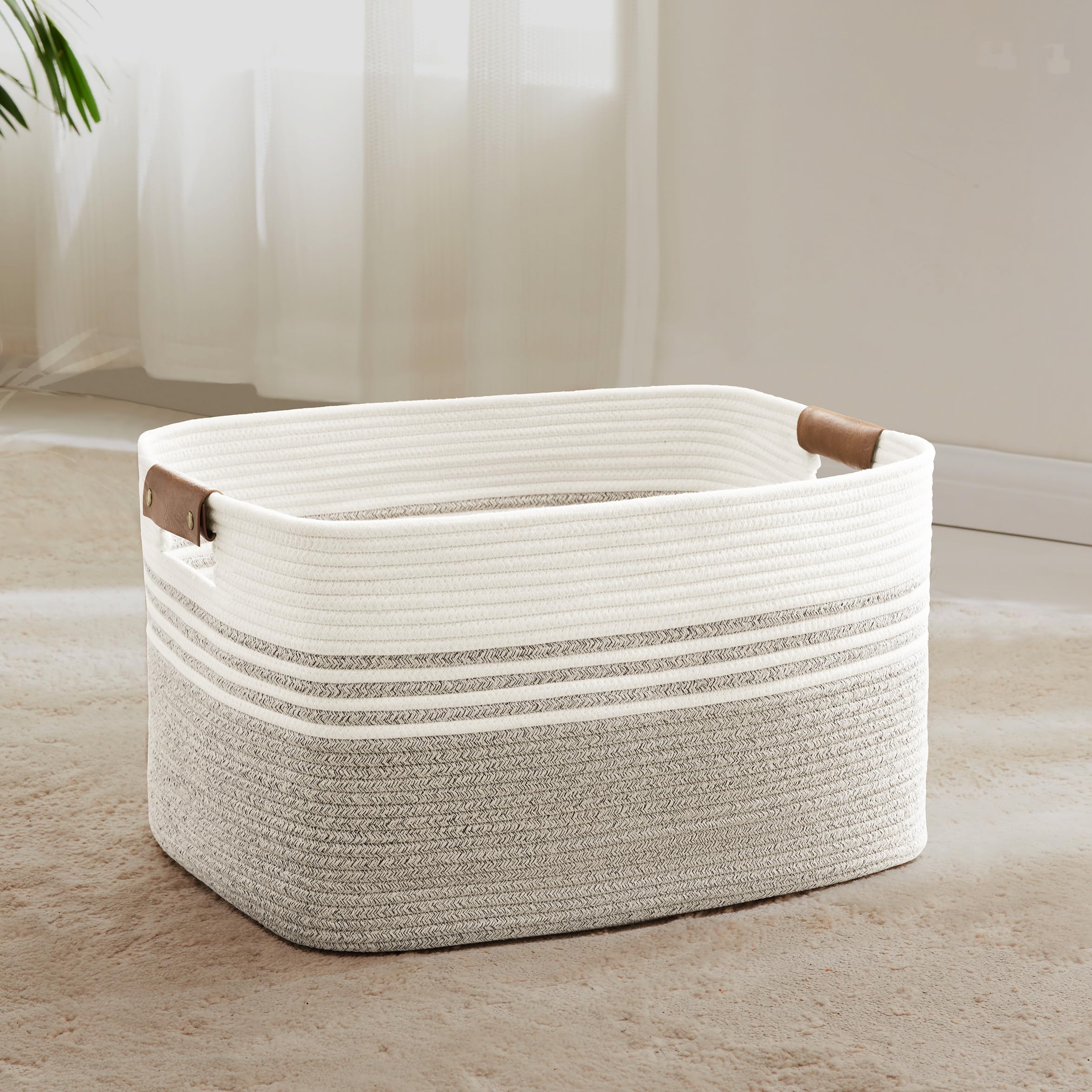 Photo 1 of SunNewt Laundry basket with leather handles for clothes,blankets,pillows,toys,towels,suitable for bedrooms and living rooms,cotton woven laundry hamper,extra large gift basket,21"x15"x11",Beige Brown