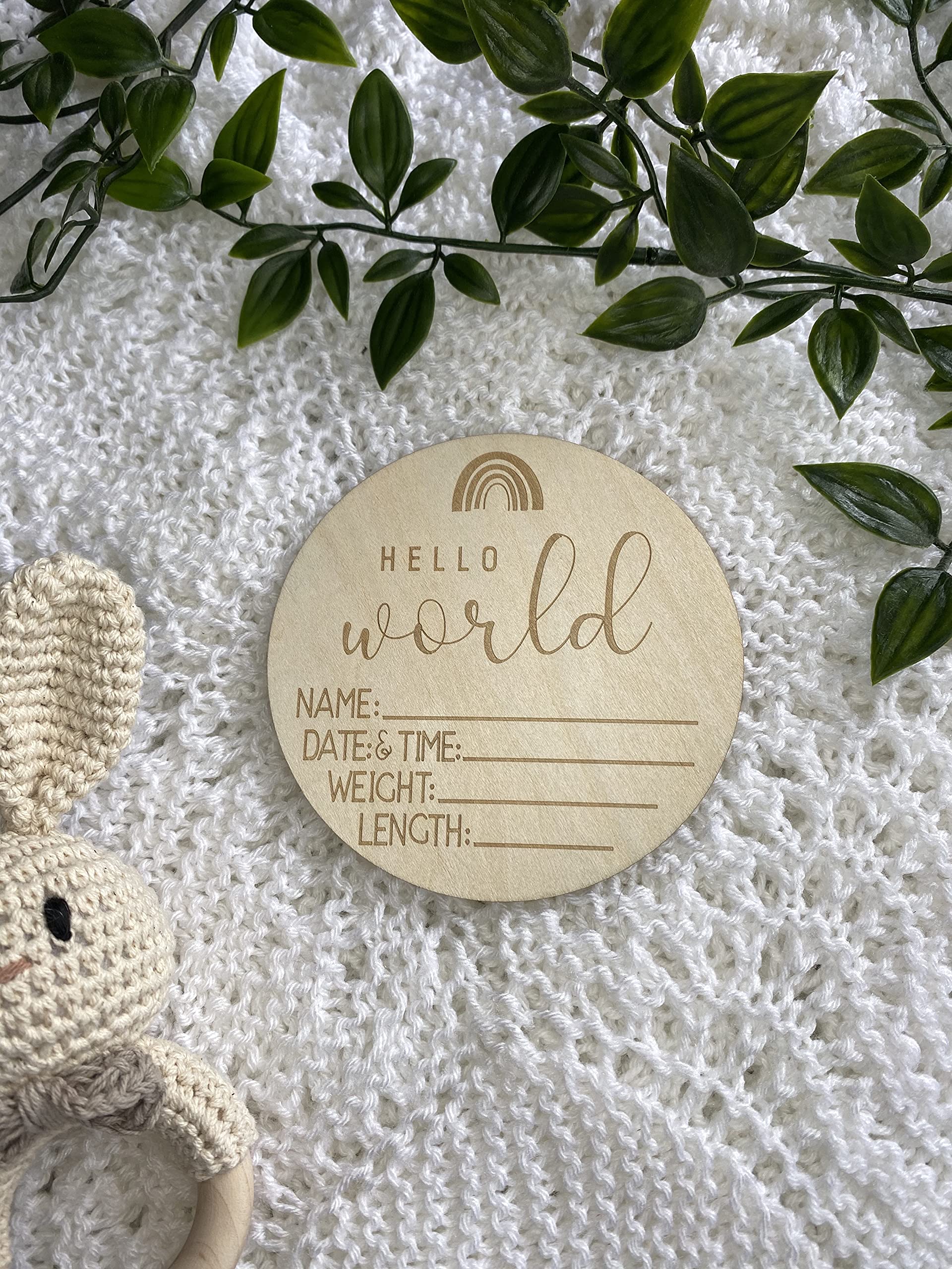 Baby J's - Hello World, Birth Announcement Wooden Disk, Rainbow Design - Perfect Baby Shower or Newborn Gift - Can be Used as Flat Lays or Kept as a Keepsake - with Organza Gift Bag - 10cm — image 1
