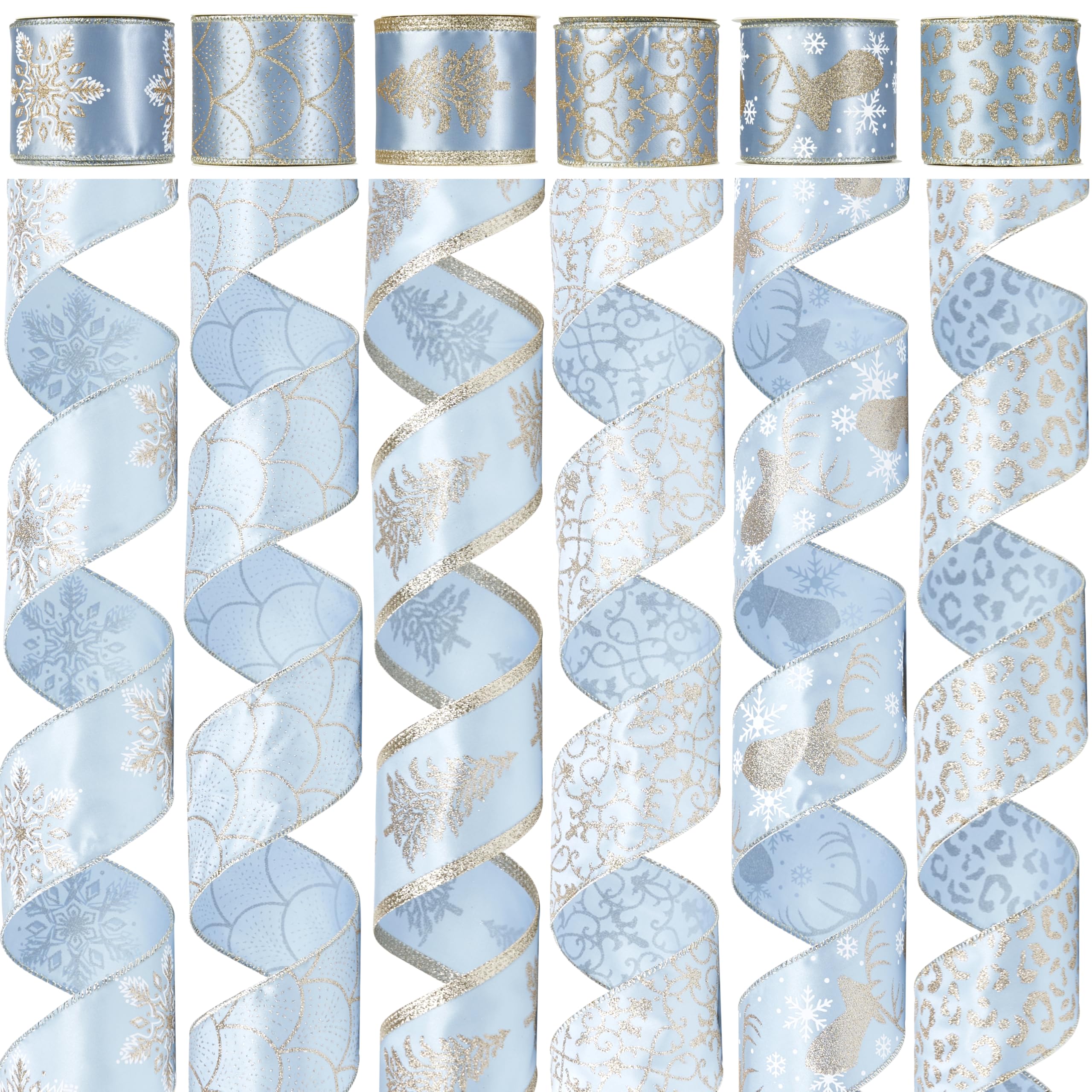 Photo 1 of 2pcs only. Dusty Blue and Champagne Gold Christmas Ribbon Wired 2.5" Blue Gold Christmas Tree Ribbon for Decorations, Blue and Gold Wired Satin Ribbon for Gift Wrapping, Crafts