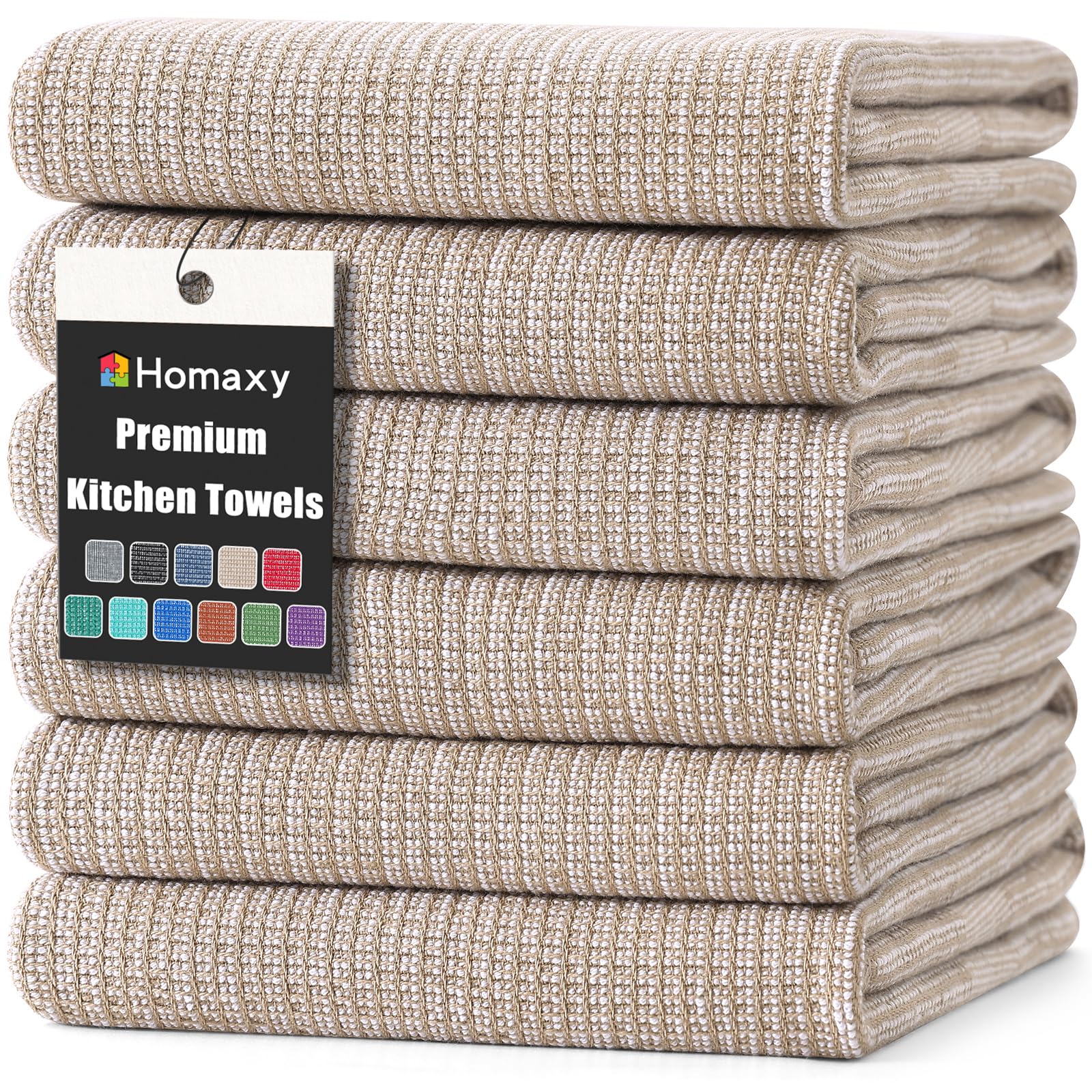 Photo 1 of Homaxy Premium Kitchen Towels(18”x 28”, 6 Pack), Large Cotton Kitchen Hand Towels, Flat and Terry Dish Towels, 380 GSM Highly Absorbent Tea Towel Set with Hanging Loop, Khaki
