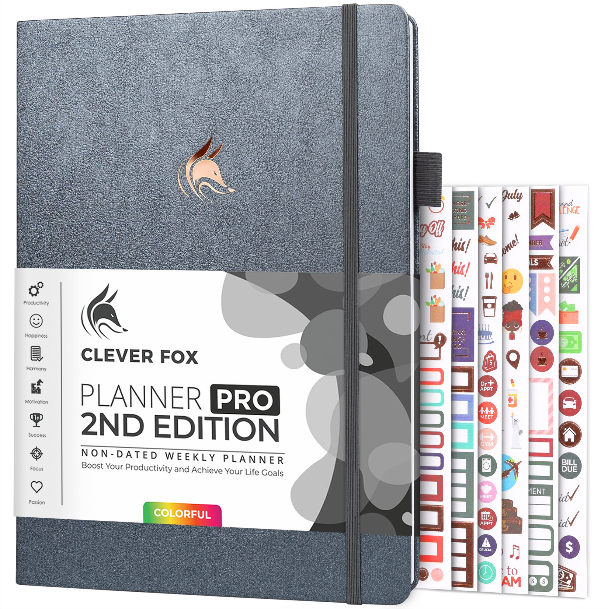 Clever Fox Planner PRO 2nd Edition – Undated Weekly Agenda for Tasks & Time Management – Life Organizer with To-do List, 21.5x28cm (Silver Black)