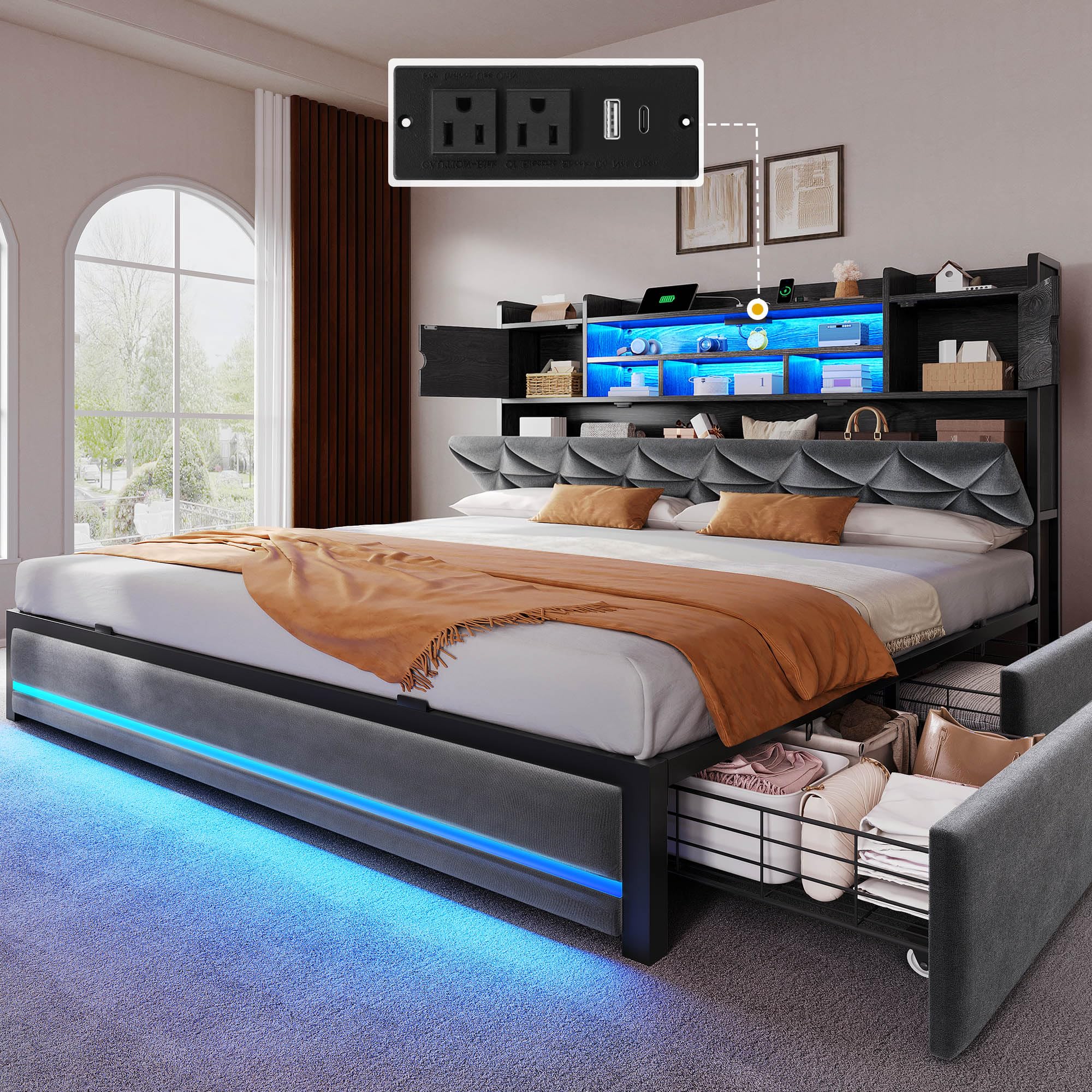 Photo 1 of *** PARTIAL SET - BOX 2 OF 2 ONLY *** YITAHOME King Size Bed Frame with RGB LED Lights & Storage Bookcase Headboard, Upholstered Bed with Charging Station and 4 Drawers, No Box Spring Needed, Easy Assembly, Noise-Free, Velvet Grey