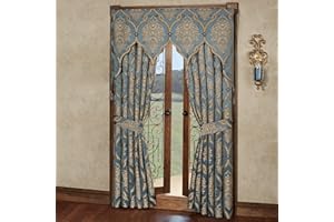 J. QUEEN NEW YORK Luxurious Castleton Traditional Window Treatment | Sophisticated Jacquard Woven Damask Medallion Quatrefoil | Steel Blue, Light Gold, Chocolate | Drapery Set | Wide 95L Curtain Pair, Contour Valance