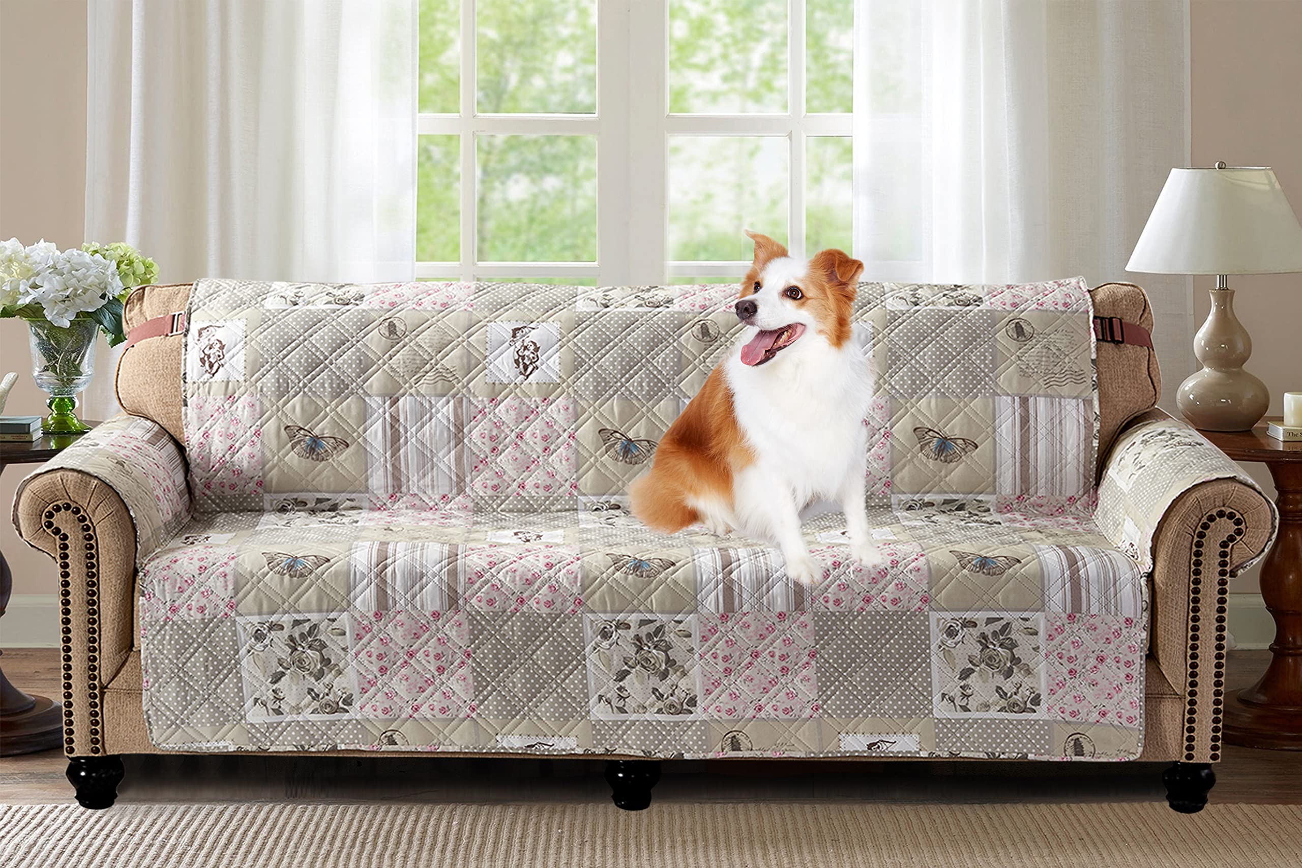 Photo 1 of Brilliant Sunshine Grey Cupid and Pink Rose Patchwork Couch Cover, Quilted X-Large Sofa Slipcover, 78" Seat width, Slip Resistant Furniture Protector, 2" Strap, Washable Couch Cover for Dogs,Pink Grey