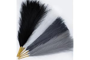 SeptCat 8 Pcs 17" Pampas Grass Faux Dried Decor, Fluffy Fake Small Pompas Artificial Black White Grey Gray Pompous Short Stems Bouquet Flower Arrangement Vase Filler for Boho Home Wedding Decoration