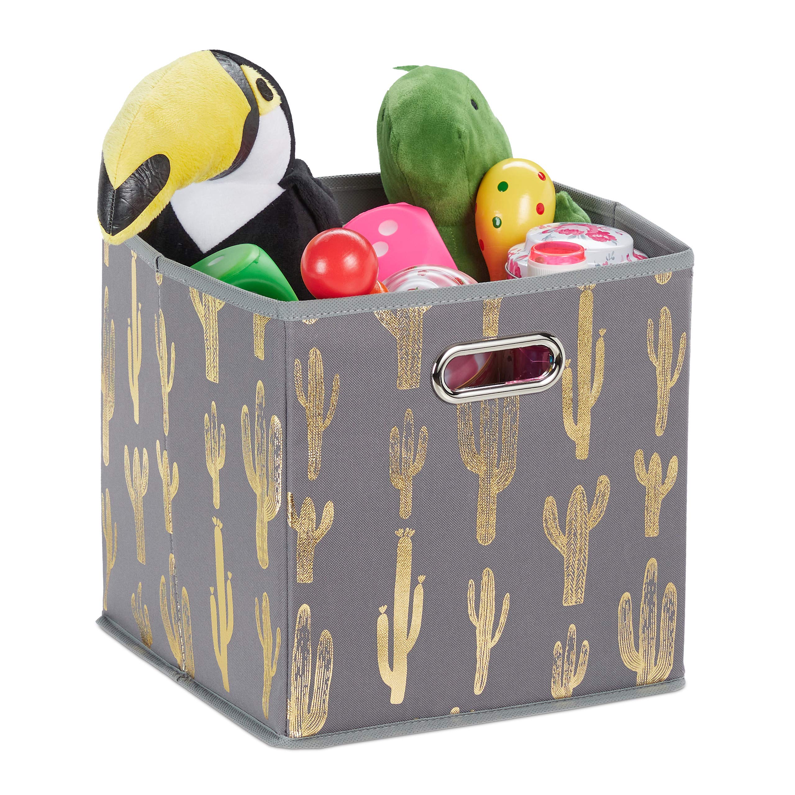 Relaxdays Folding Storage Box, Square, 29 x 28.5 x 28.5 cm, Shelf Tidy with Handle Holes, Without Lid, Cactus, Grey/Gold