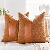 BZTA Boucle Decorative Throw Pillow Covers 18"x18" Set of 2 – Modern Textured Pillowcases with Faux Leather Contrast Stripe, Neutral Accent for Couch, Bed, or Chair – Leather Brown