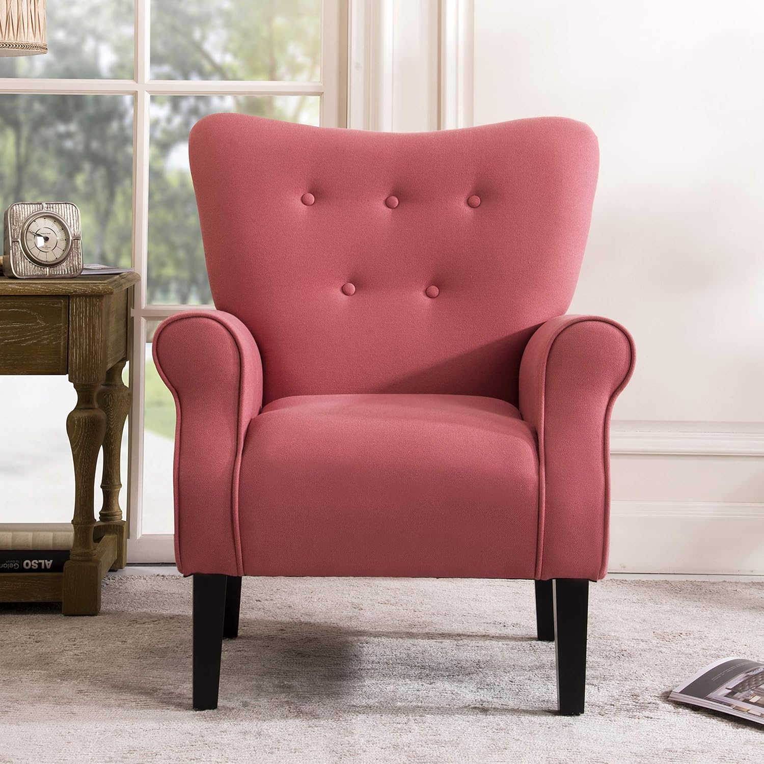 Merax Modern Upholstered Accent Chair Armchair for Bedroom, Living Room or Office, Linen, Including Thick Cushion and Wooden Legs, Brick: Furniture & Decor