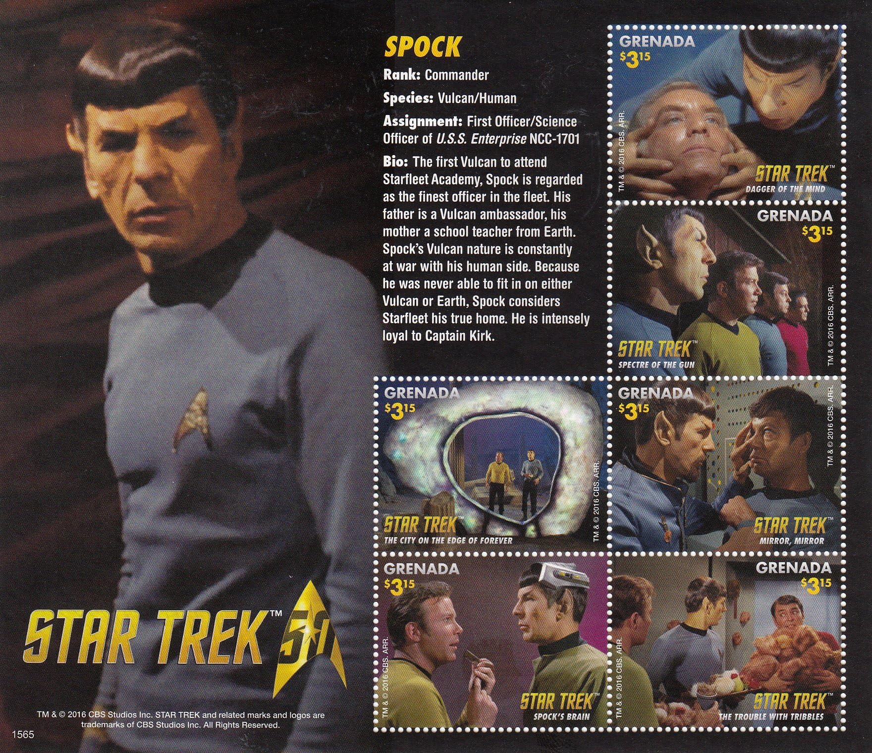 Grenada Star Trek 50th Anniversary - Spock, Captain Kirk, Scotty, Doctor Leonard “Bones” McCoy - Collectible Postage Stamps