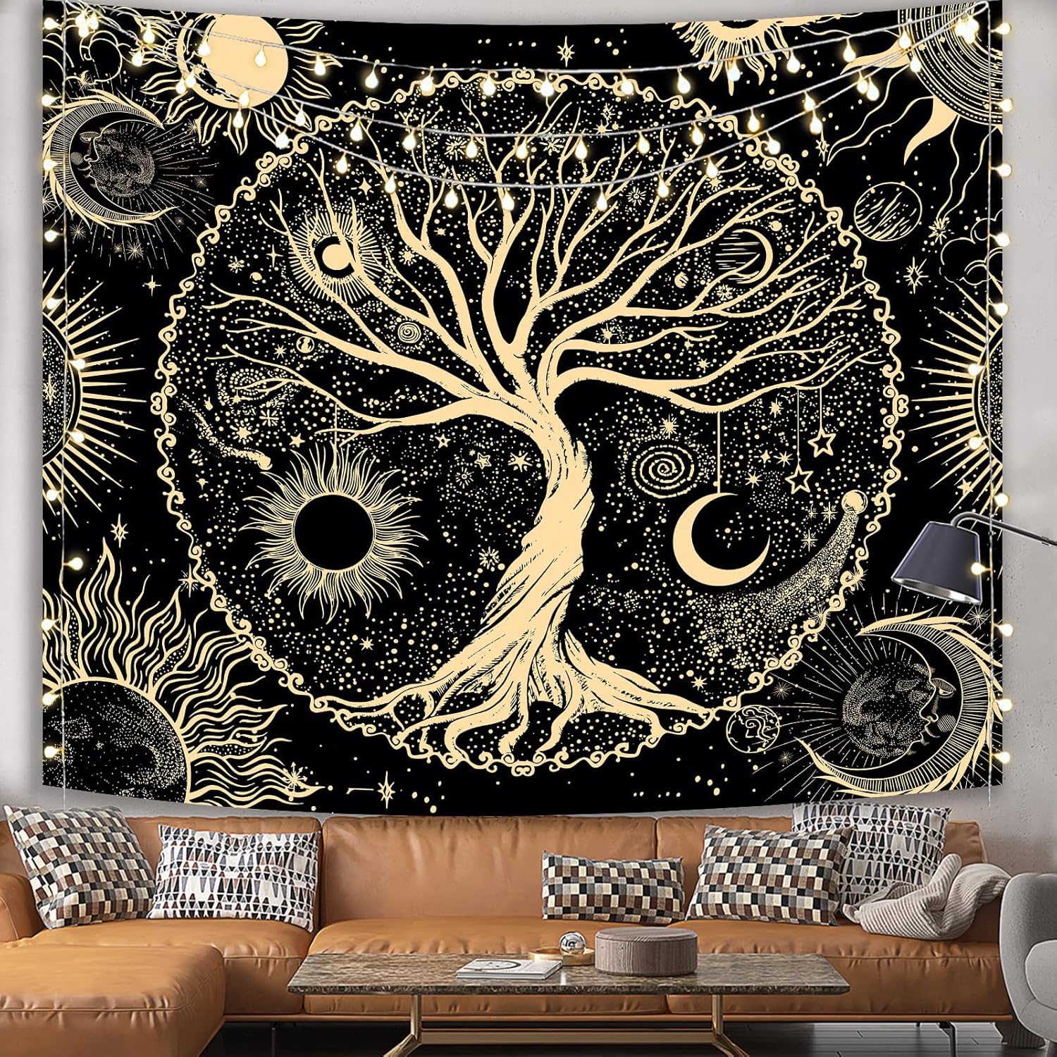 Tapestries - Avinyl Sun and Moon Tapestry Tree of Life Wall Tapestry for Bedroom Aesthetic Black and Gold Wall Hanging Home Decor for Dorm Living Room 51in x 60in