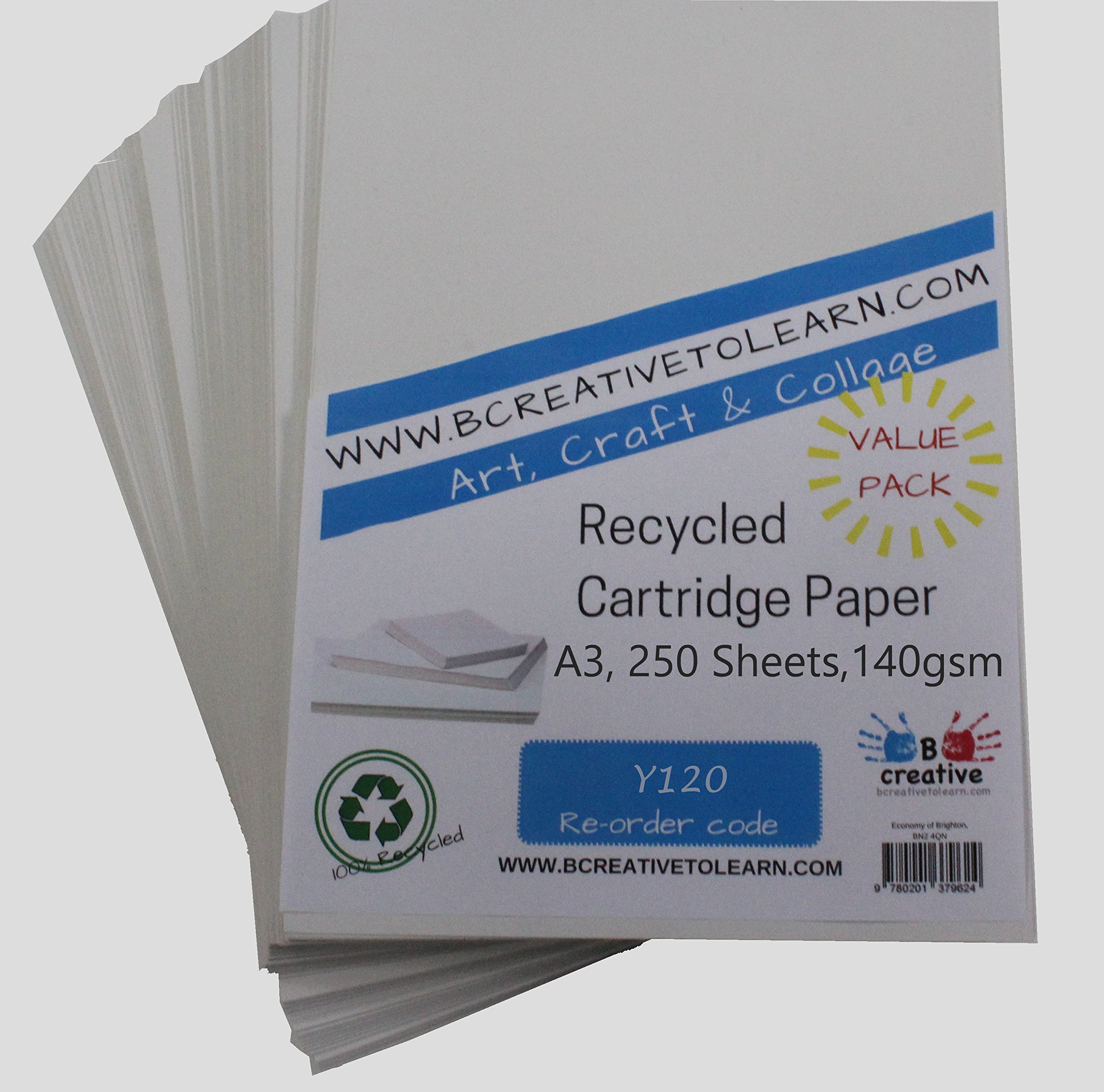100% Eco Recycled Art A3 Cartridge Paper White Great Art Paper 140gsm Pack of 250 Sheets - Suitable for bookmaking, Sketching, Painting, Printing and More