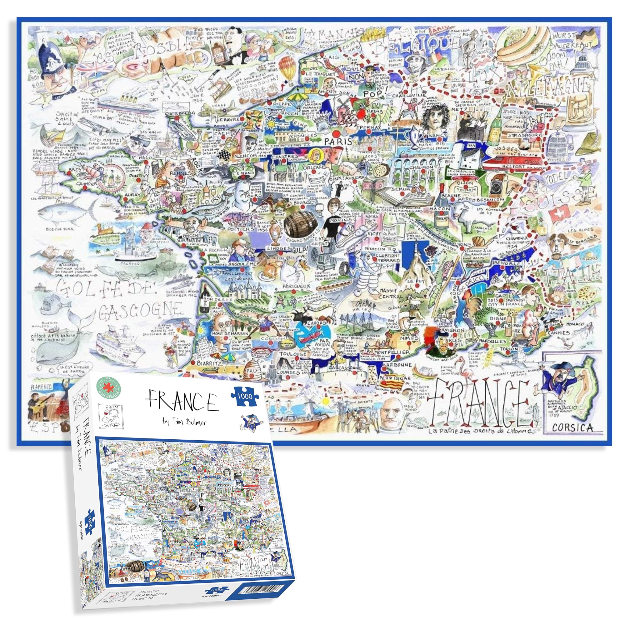Comical Map Of France, Artwork By Tim Bulmer - 1000 Piece Puzzle For Adults, Large Puzzle 66cm X 50cm In Size. Challenging To Complete But Fun And Humorous. Makes A Great Gift For Birthdays