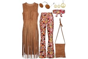 SOMSOC 7 Pieces 70s Women Hippie Costume Fringe Vest Bag Pant Headband for Halloween