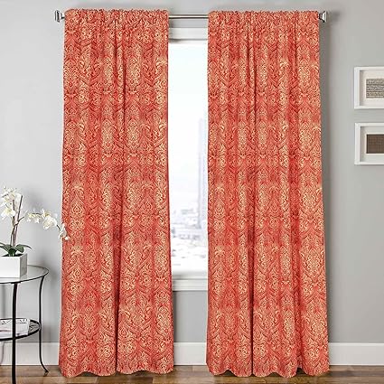 Nimsay Home Pair Of Emperor Red Damask Textured Curtains With