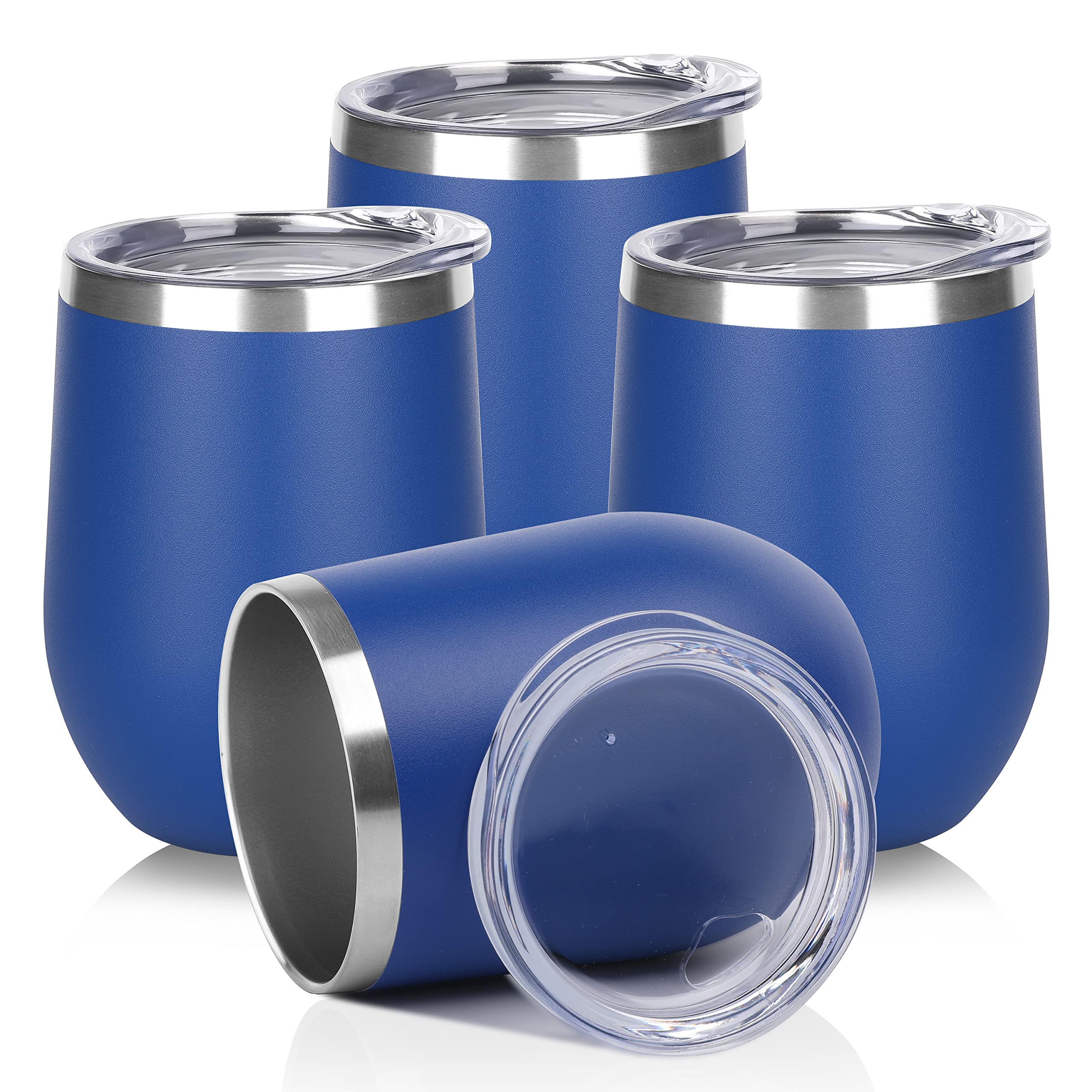 DOMICARE Stainless Steel Wine Tumbler Bulk with Lid, Personalized Insulated Tumblers Set, 12oz Travel Coffee Cups Pack of 4, Dark Blue