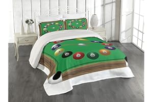 Lunarable Billiard Coverlet, Digital Drawn Pool Table Look Clock Design with Numbered Balls and Cues Print, 3 Piece Decorative Quilted Bedspread Set with 2 Pillow Shams, Queen Size, Green Multicolor
