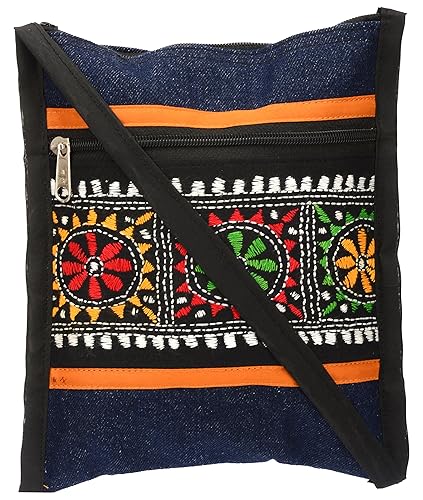 Shanti Niketan Home Made Products Womens Sling Bag (Blue and Black, SNHMP17)