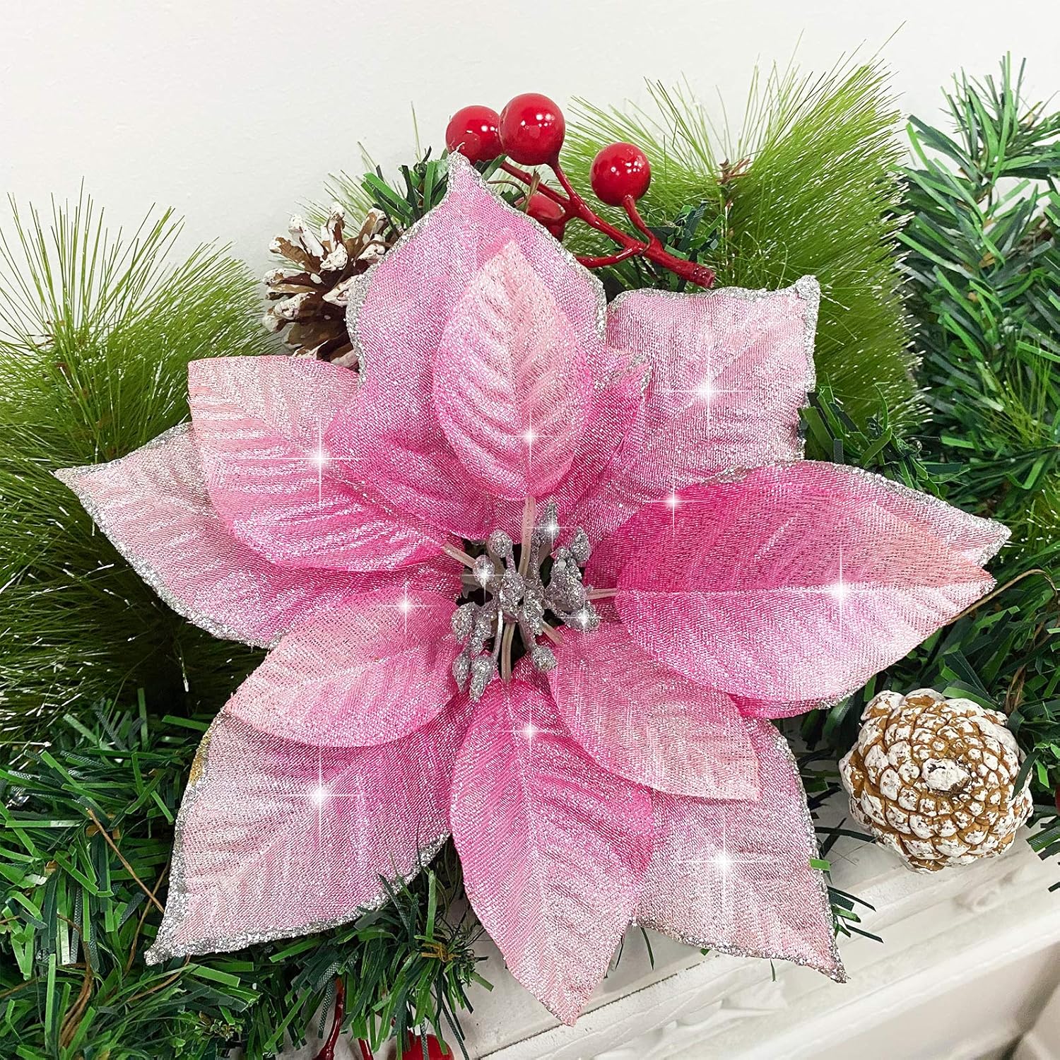 TURNMEON 24 Pack 5.5 Inch Christmas Glitter Poinsettia