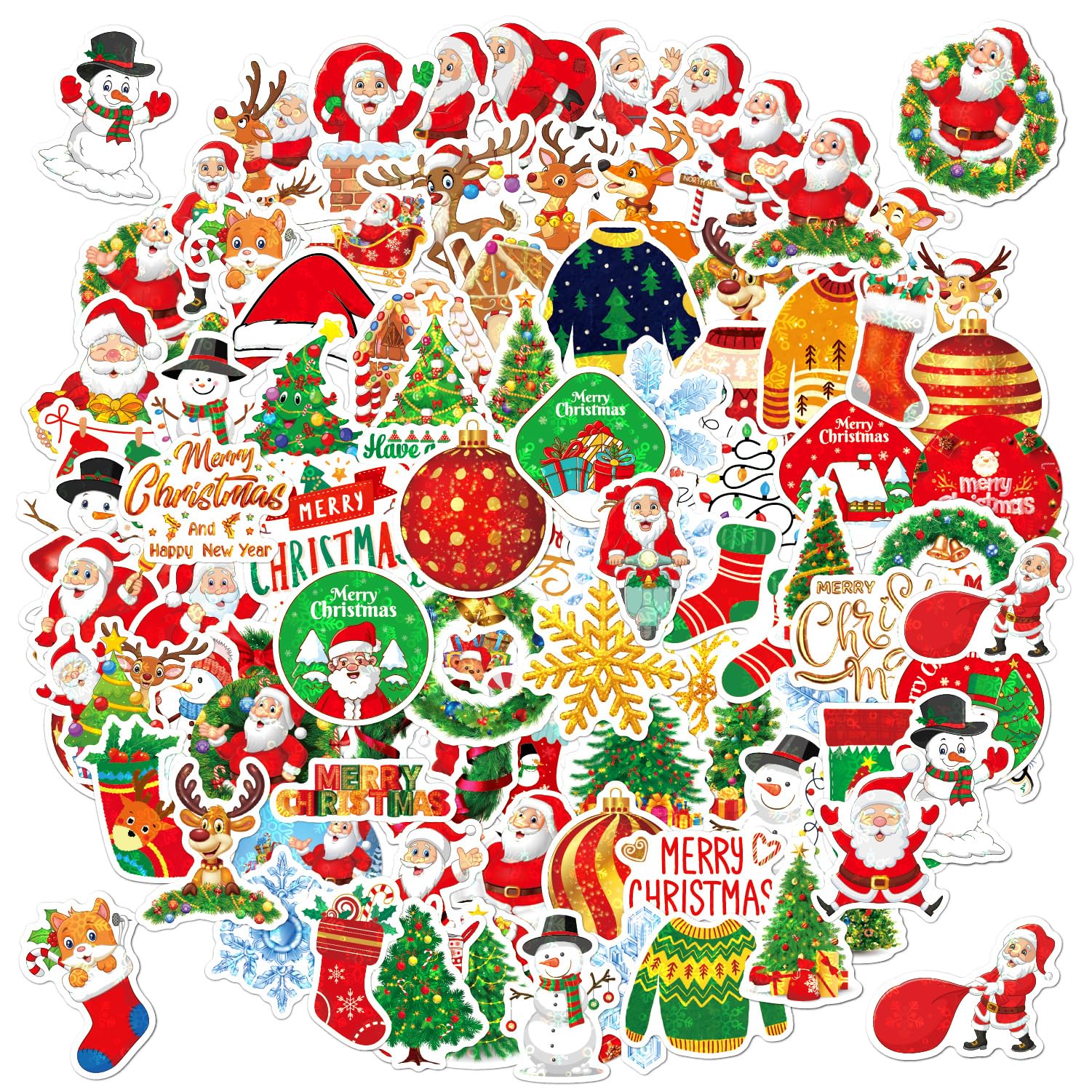 CAREOR 100Pcs Christmas Stickers, Holographic Vinyl Waterproof Santa Claus Snowman Sticker Pack for Kids Teen Crafts Laptop Water Bottles Envelopes Gifts Tags Snowboard (100, B(100PCS))