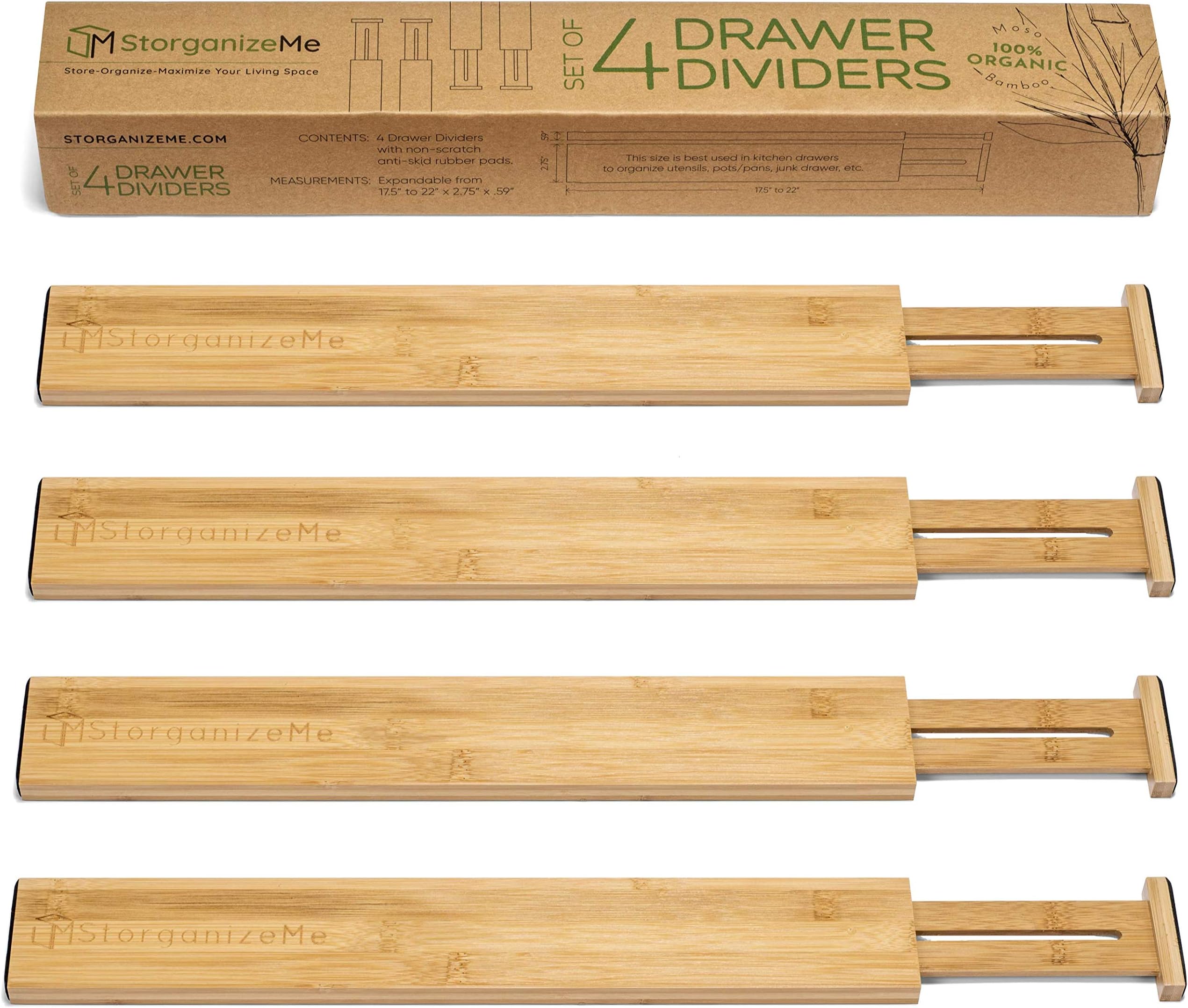 StorganizeMe Bamboo Drawer Dividers for Kitchen - Spring Loaded to Fit Your Cabinets - Easy to Insert - Anti-Skid Rubber Pads Hold Unit in Place and Protect Drawer - 100% Organic Moso Bamboo Set of 4