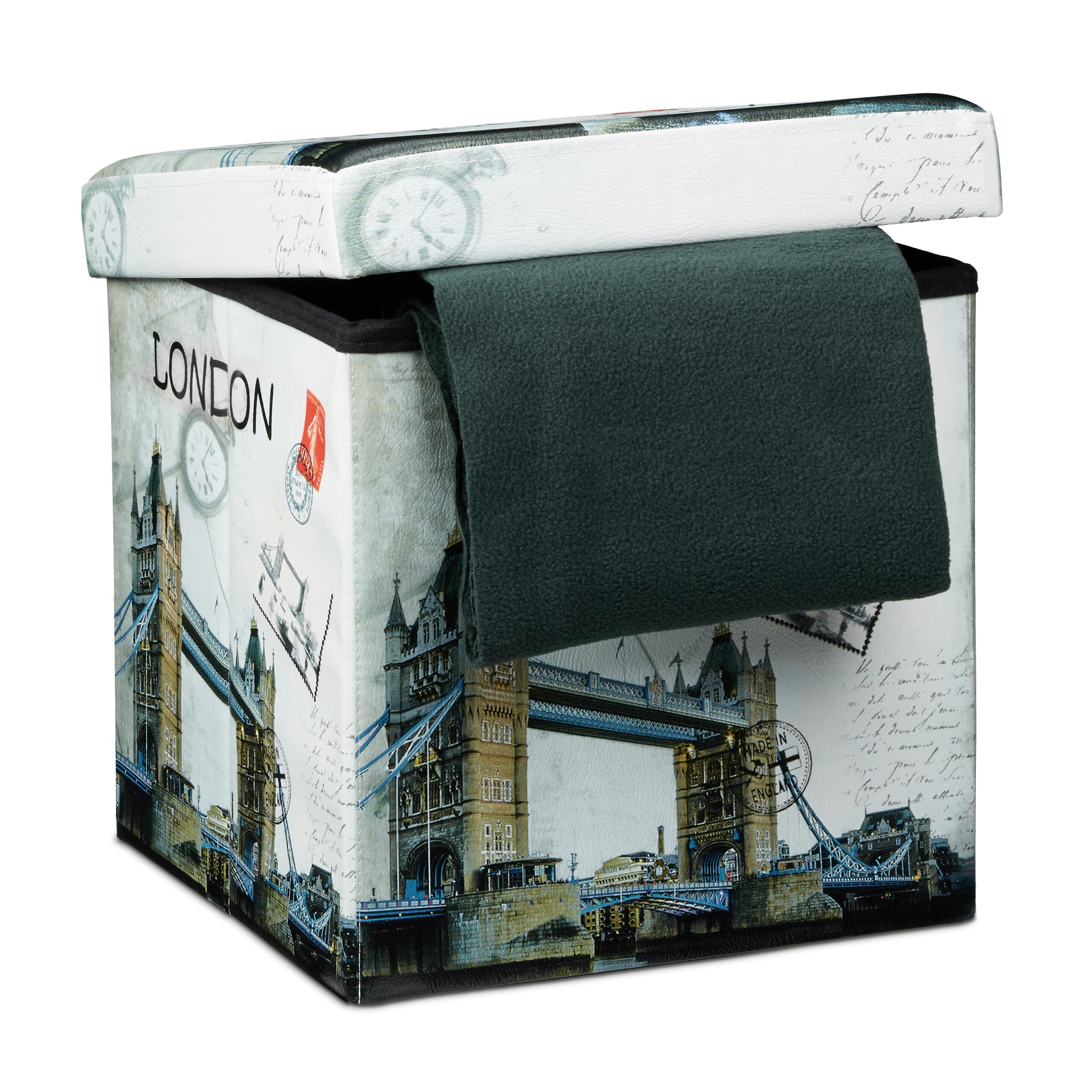 Relaxdays Folding Seat Box Ottoman 38 cm Sturdy Seat Cube with Trendy Motifs as Practical Footrest with Cofortable Faux Leather Cover for Storage Box Pouffe with Removable Lid, London