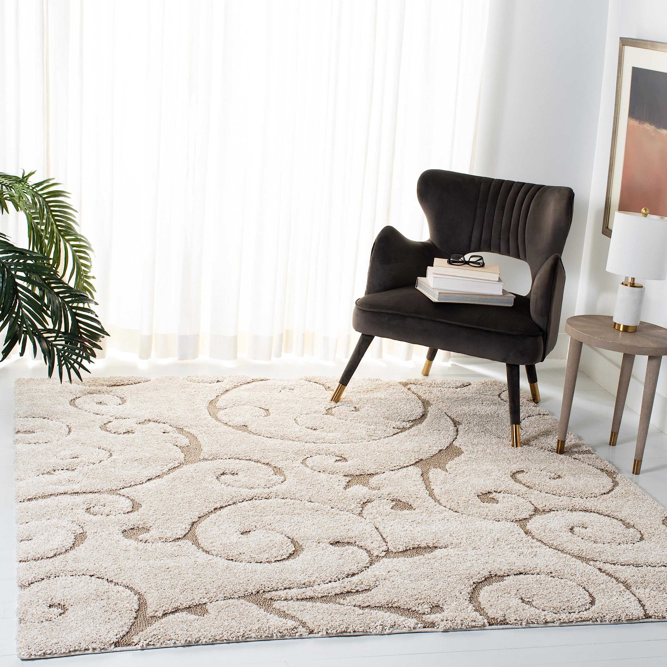 SAFAVIEH Florida Shag Collection Area Rug - 6'7" Square, Cream & Beige, Scroll Design, Non-Shedding & Easy to Clean, High-Low Plush Pile, Ideal for Living Room, Bedroom, Dining Space (SG455-1113) Image