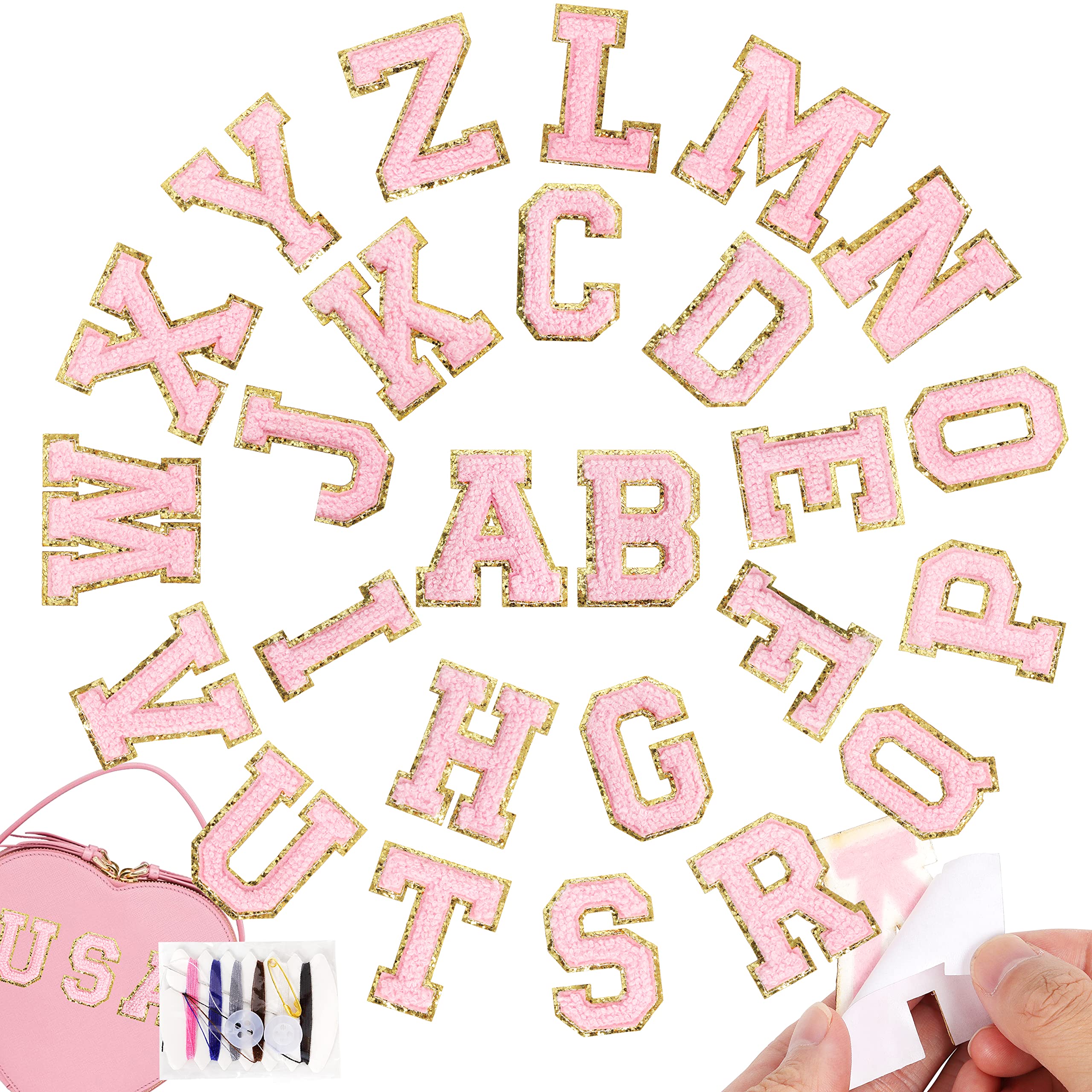 Photo 1 of NICEVINYL Self-Adhesive Chenille Letters Patches: 26PCS Pink Letter Patches Stickers Varsity Letter Patches Stick on Preppy Patch for Backpacks Hats Bags Decor