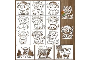 Keluna Highland Cow Stencils for Painting - 12 Pcs Reusable Cow Farmhouse Stencils for Crafts, Large Flower Cow Paint Stencils, Animal Template for Painting on Wood Canvas Furniture