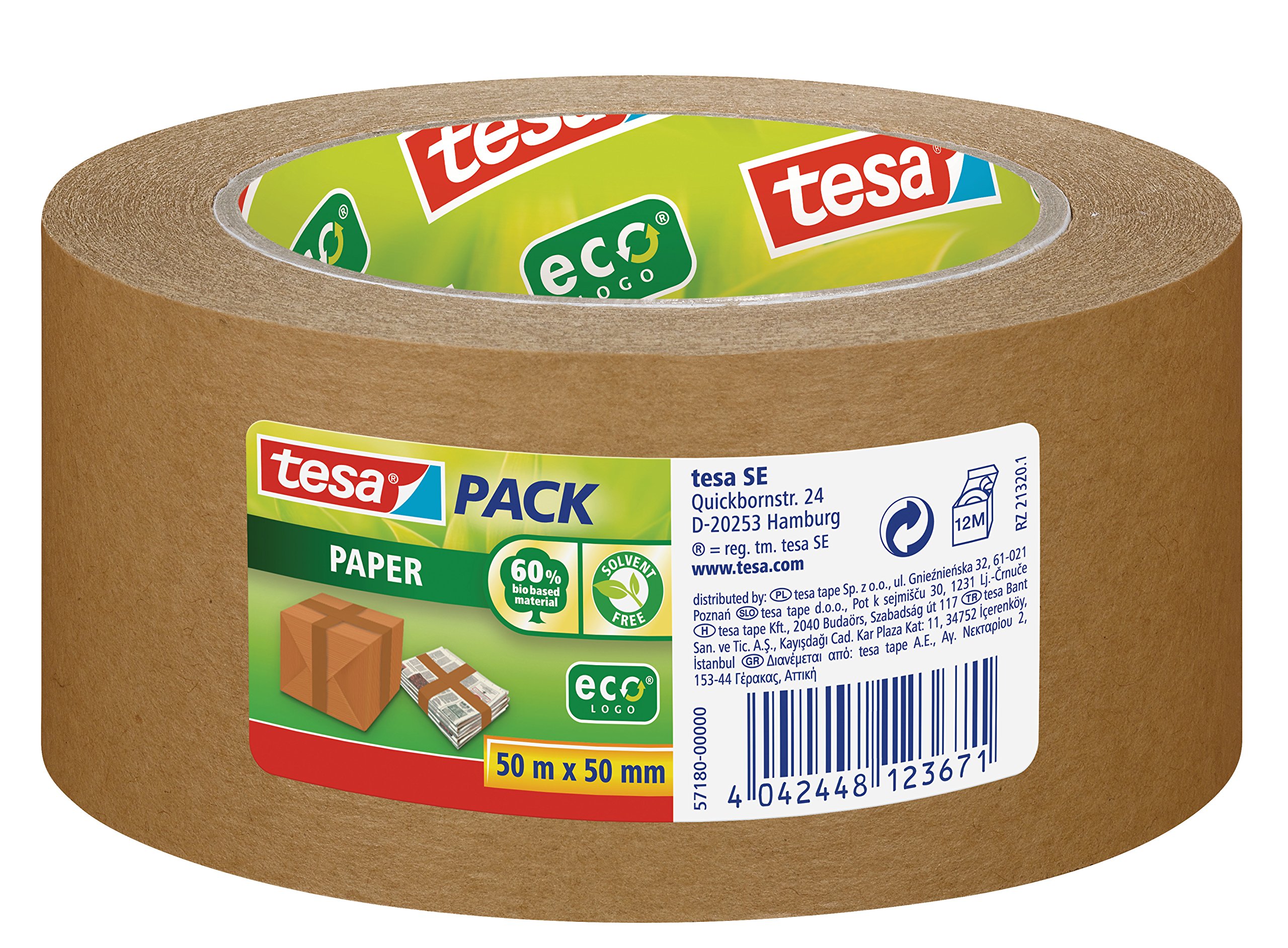 tesa 57180-00000-02 Paper Packaging Tape Made from Recycled Materials for Packing Parcels and Boxes 50 m x 50 mm, Pack of 6