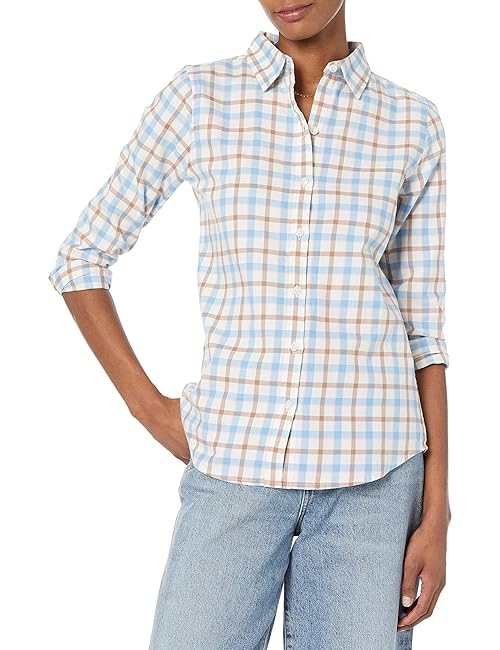 Amazon Essentials Women's Regular-Fit Long-Sleeve Lightweight Plaid Flannel Shirt, Blue Red Madras Plaid, XX-Large