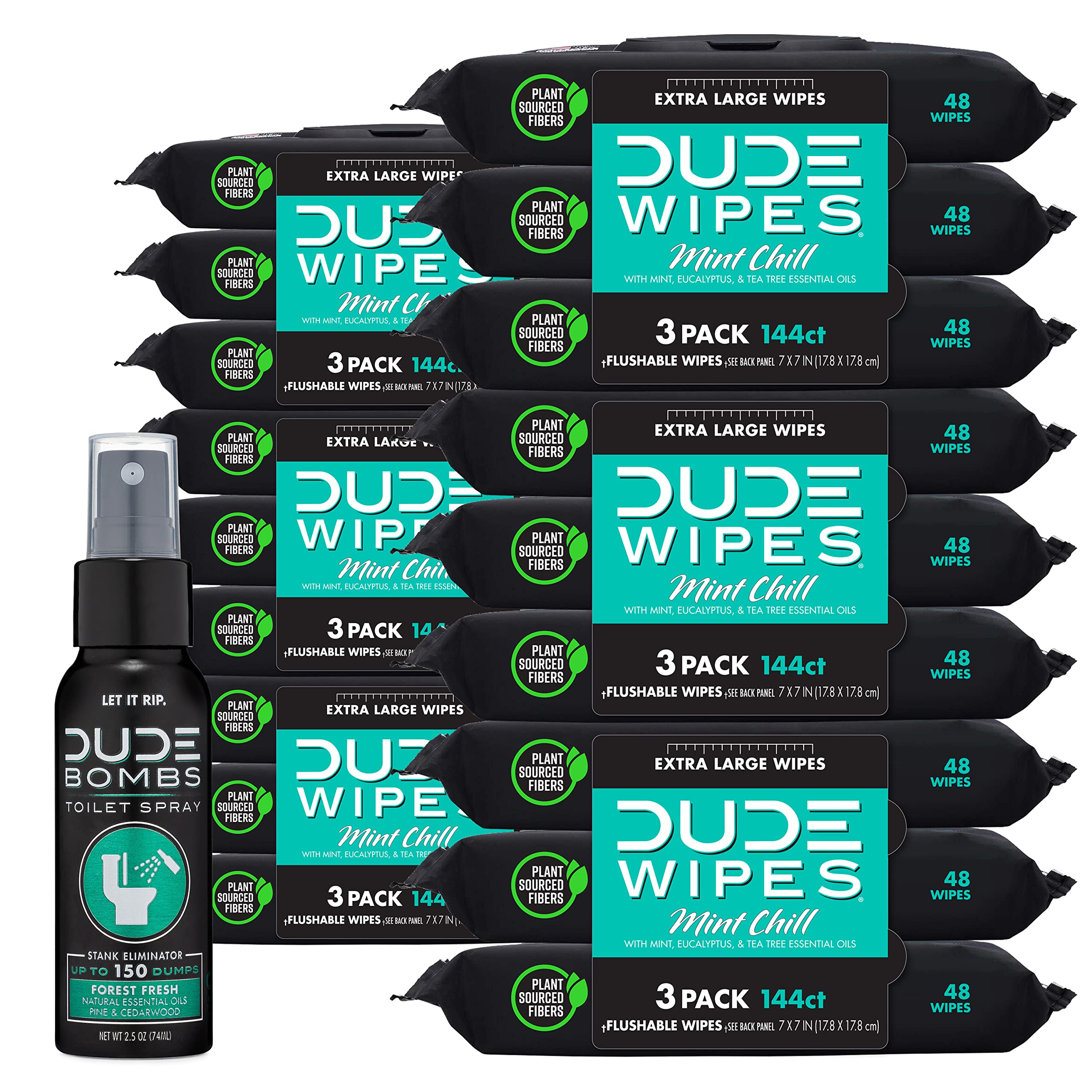 Photo 1 of DUDE Wipes - Flushable Wipes with DUDE Bombs Toilet Spray - 18 Pack, 864 Wipes + 1 Spray Bottle - Mint Chill Extra-Large Adult Wet Wipes with Eucalyptus & Tea Tree Oil - Forest Fresh Stank Eliminator