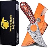 HUNTING HUNTS Predator Hunter - Handmade Damascus Knife with Leather Sheath - For Skinning, Camping, Outdoor - EDC 7” Fixed Blade Bushcraft Knives | Red Black Exotic Wood Handle