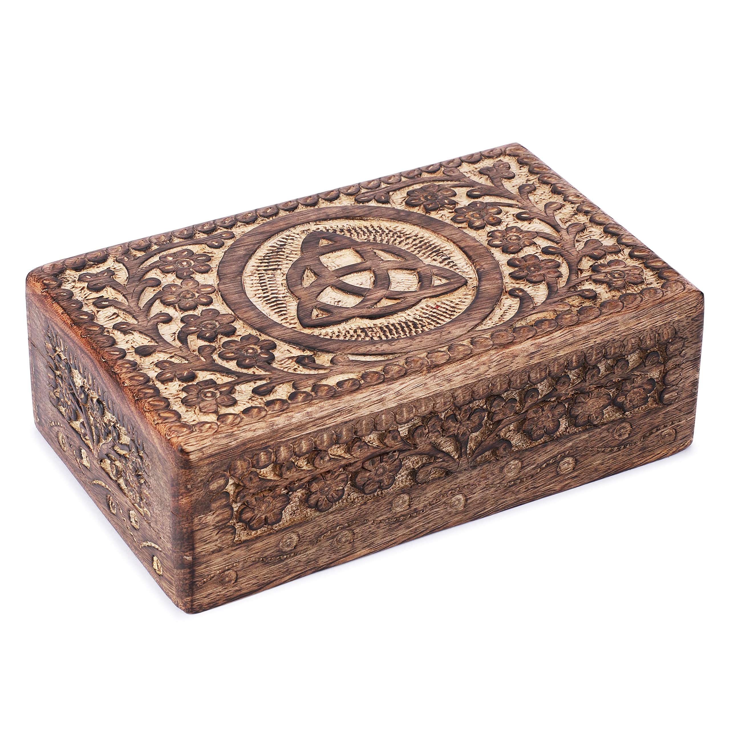 Ajuny Wooden Hand Carved Decorative Jewelry Box Trinity Knot Carvings Vintage Keepsake Storage Organizer Travel Treasure Chest Trinket Holder Case Great Gifts 8x5 Inch