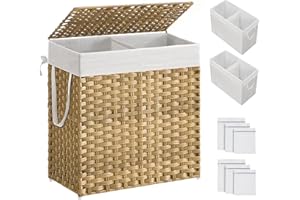 SONGMICS Laundry Hamper with Lid, 110L Clothes Hamper with 2 Removable Liner Bags, 6 Mesh Bags, Wicker Laundry Basket, Double Laundry Hamper for Bathroom, 13 x 22.4 x 23.6 Inches, Natural ULCB52NL