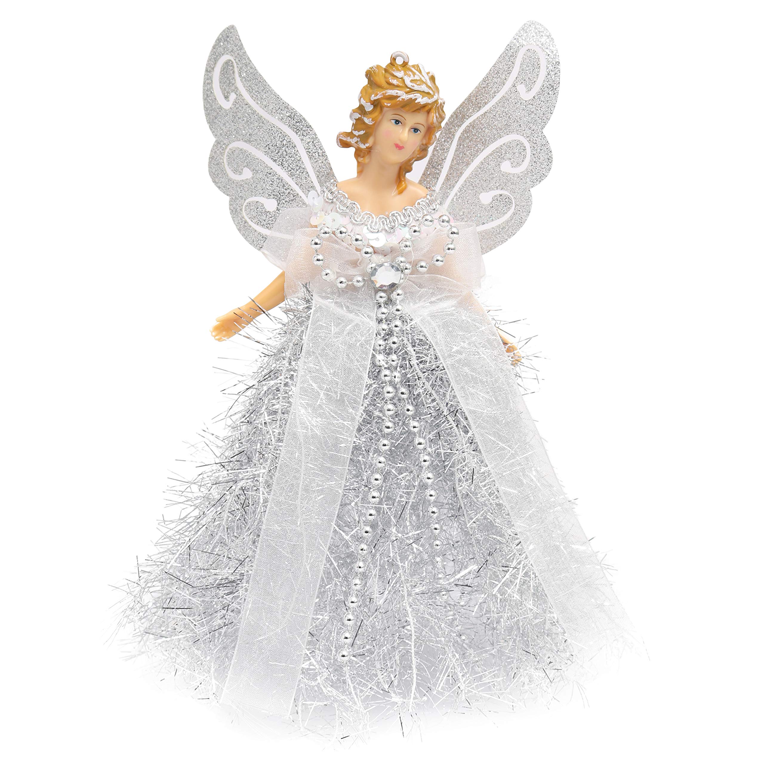 Belle Vous Christmas Tree Toppers - 20.5 x 8.2cm Plastic, Silver Angel Tree Topper - Fairy Treetop Pendant for Christmas Tree Decorations, Christmas Tree Ornaments and Festive Home Decor