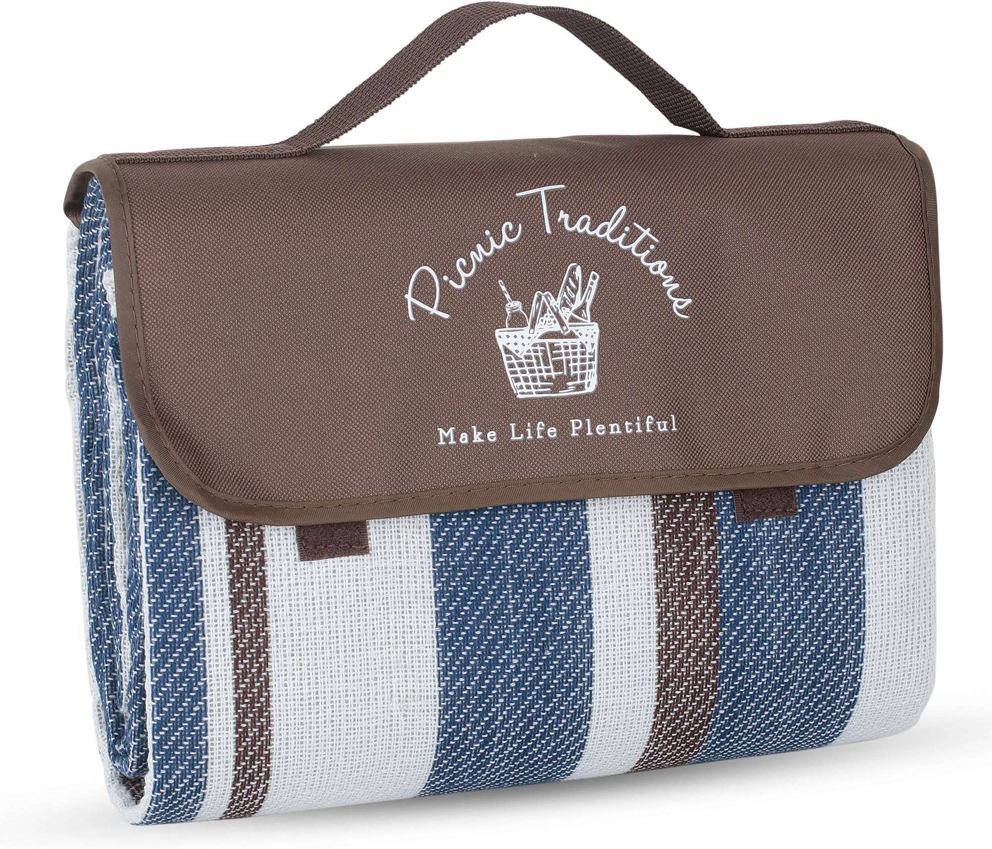 Picnic Traditions Large Picnic Blanket Water Resistant Tote - Great for Picnics, Camping on Grass, at The Beach, Tailgating at Stadiums, Durable Mat has Waterproof PEVA Backing - 69 x 53 in. (Brown)