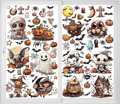 12 hojas de calcomanías de ventana de Halloween de gran tamaño, decoraciones de murciélagos, arañas, vampiros y brujas, calcomanías para ventanas de Halloween