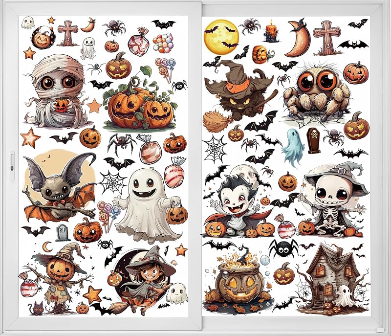 12 hojas de calcomanías de ventana de Halloween de gran tamaño, decoraciones de murciélagos, arañas, vampiros y brujas, calcomanías para ventanas de Halloween