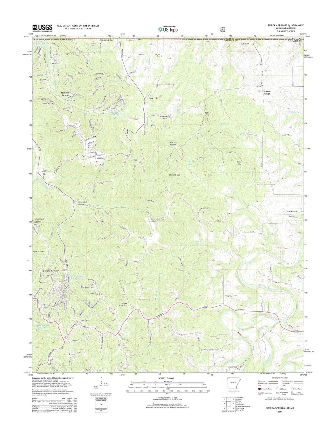 Topographic Map Poster - EUREKA SPRINGS, AR-MO TNM GEOPDF 7.5X7.5 GRID 24000-SCALE TM 2010, 19"x24", Glossy Finish