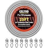 CELYND Stainless Steel Cable for Railing - 25FT 1/4" T316 Wire Rope with Clamps and Thimbles - 7 x 19 Strands 6700 LBS Breaking Strength for Outdoor Deck Railing Zipline