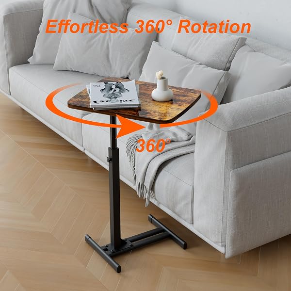 TV TRAY TABLE FOR SMALL SPACES WITH 360° SWIVEL TABLETOP & HEIGHT ADJUSTABLE,C SHAPED SOFA ARM END SIDE TABLE, BED TRAY STAND FOR EATING LAPTOP,LIVING ROOM, BEDROOM,BREAKFAST (METAL BASE)