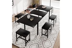 iPormis 7-Piece Dining Table Set with 6 Stools, 63" Extendable Kitchen Table Set for 4-8, Modern Dining Room Table with Sturdy Metal Frame, Space-Saving Dinette, Black