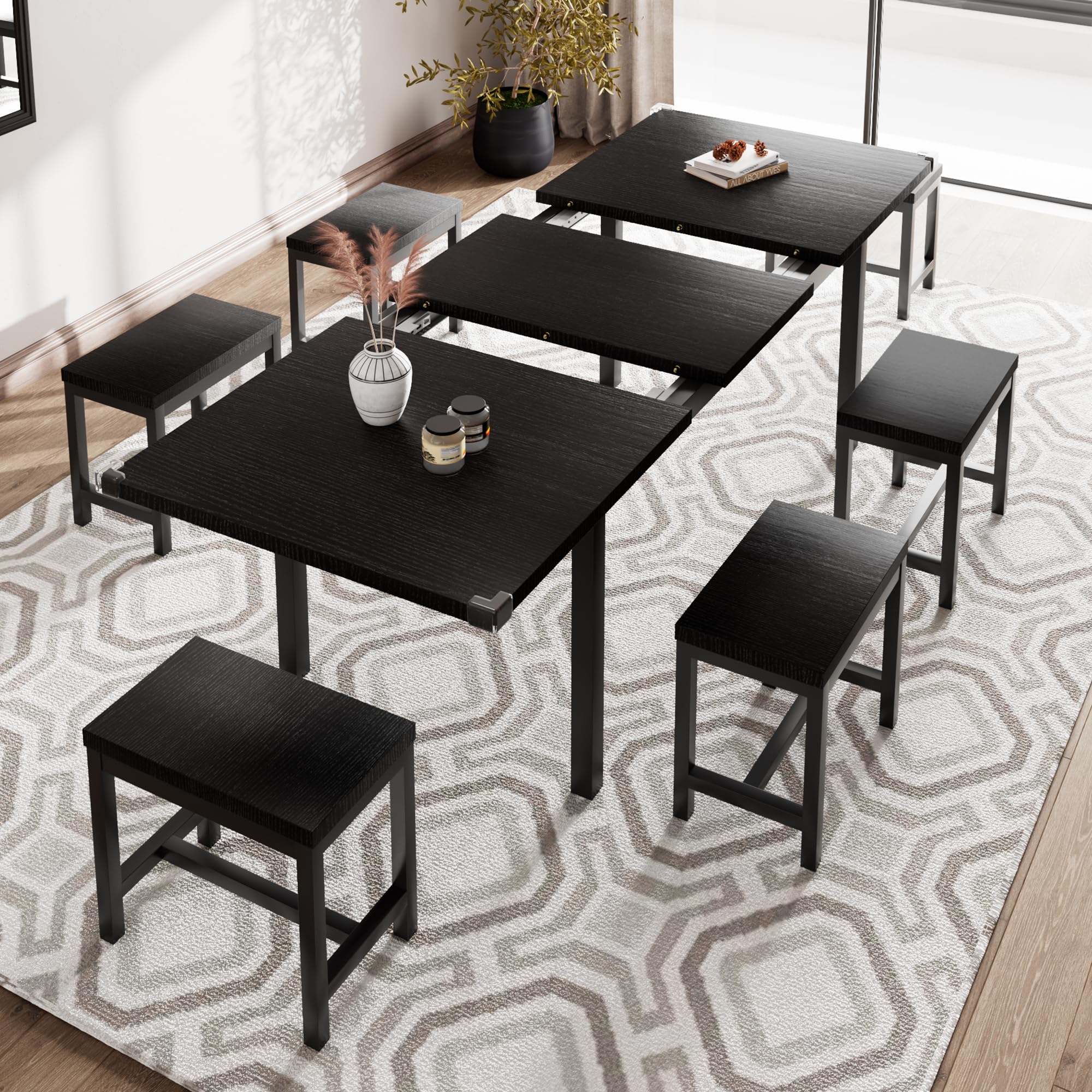 Photo 1 of ***PARTIAL SET***IT IS UNKNOWN WHICH PARTS ARE MISSING***iPormis 7-Piece Dining Table Set with 6 Stools, 63" Extendable Kitchen Table Set for 4-8, Modern Dining Room Table with Sturdy Metal Frame, Space-Saving Dinette, Black