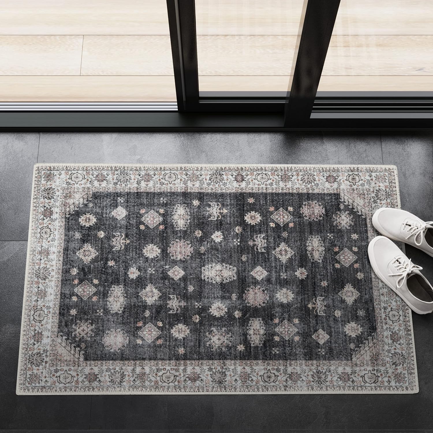 Rugs, Pads & Protectors - Adiva Rugs Machine Washable Area Rug with Non Slip Backing for Living Room, Bedroom, Bathroom, Kitchen, Printed Vintage Home Decor, Floor Decoration Carpet Mat (Black, 2' x 3')