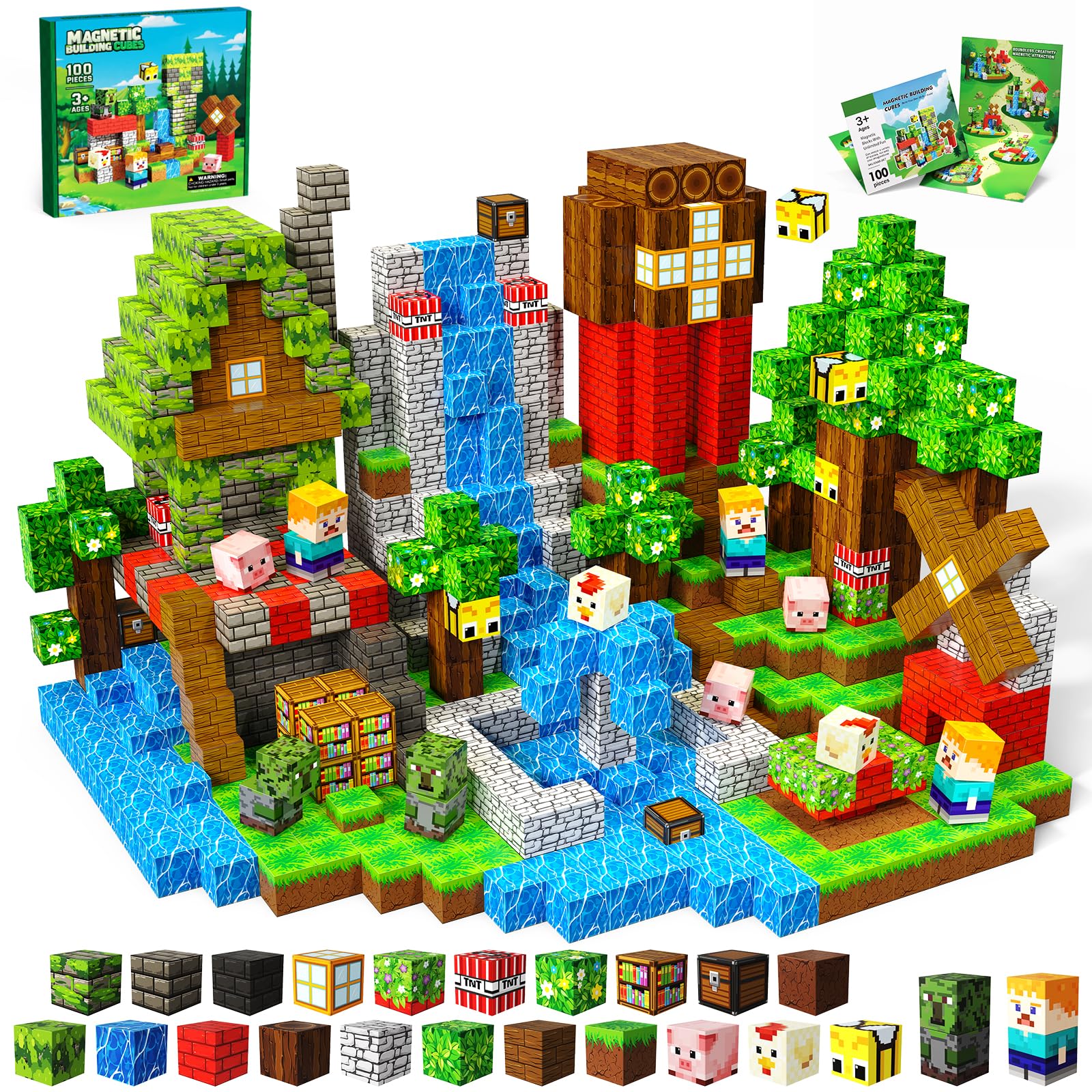 SSAWER Magnetic Blocks, 100PCS Magnetic Building Blocks, Stacking Magnets for Kids, Sensory Toy for STEM Constructions Magnet Blocks for Boys Girls Age 3+, Christmas Birthday Gifts, Treehouse Image