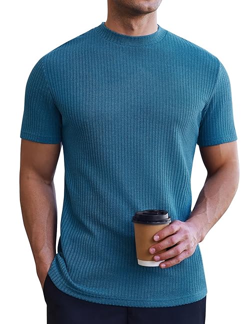 Ekouaer Mens Mock Turtleneck Short Sleeve Knit T Shirts Slim Fit Basic Thermal Tops Lightweight Tee Blue M
