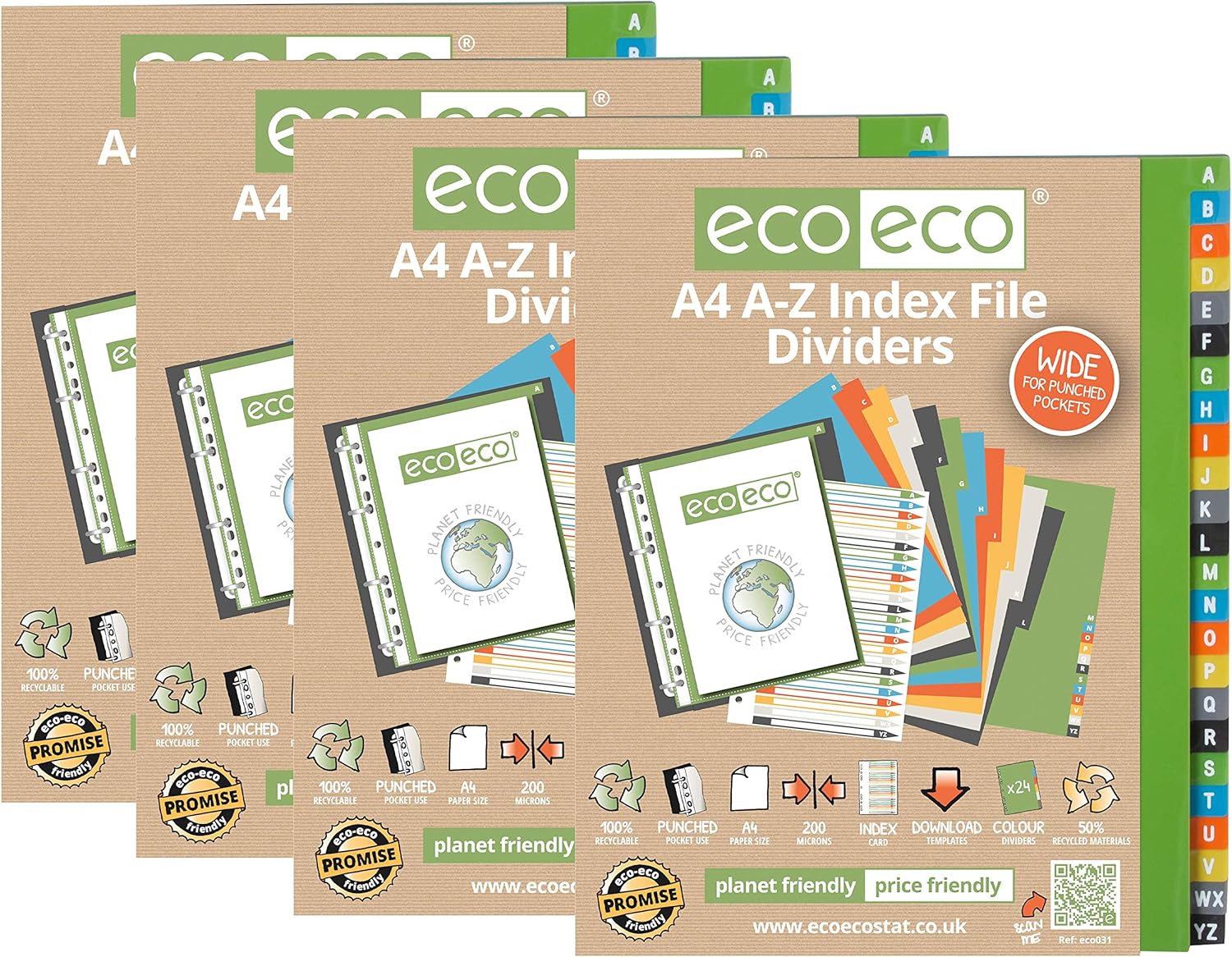 eco-eco A4 50% Recycled Multipunched Reinforced Colour Recycled Set 24 A-Z Wide Index File Dividers 200mic (Pack of 4)