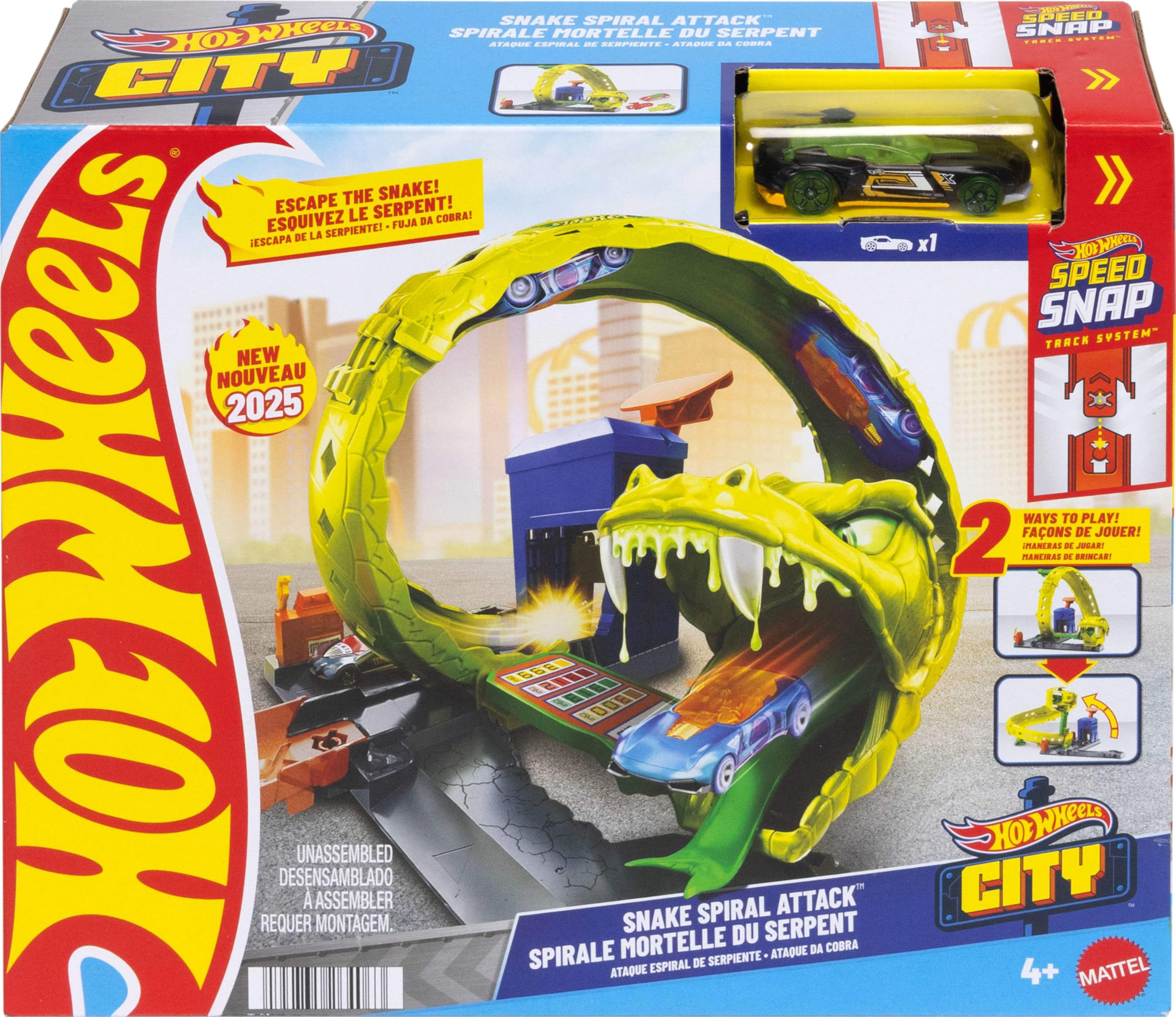 Hot Wheels Toy Car Track Set, Snake Gas Station Playset with 1:64 Scale Die-Cast Vehicle, 2 Ways to Play, Corkscrew Loop & Speed Snap Track