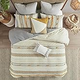 Ink+Ivy King Comforter Set, Chic Trims & Pompom Accent, Boho Comforters King, All Season, Lightweight Cotton Comforter King Bedding, 2 Shams, Cody, King/Cal King Gray/Yellow 3 Piece