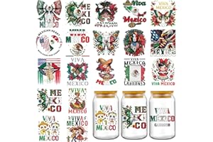 AFRITEE UV DTF Cup Wraps - 20 Sheets Mexican Independence Day UV DTF Tumbler Wrap for 16 oz Glass, Viva Mexico Red Green Butterfly Flower Transfer Sticker Decals for Water Bottle Mug Decoration